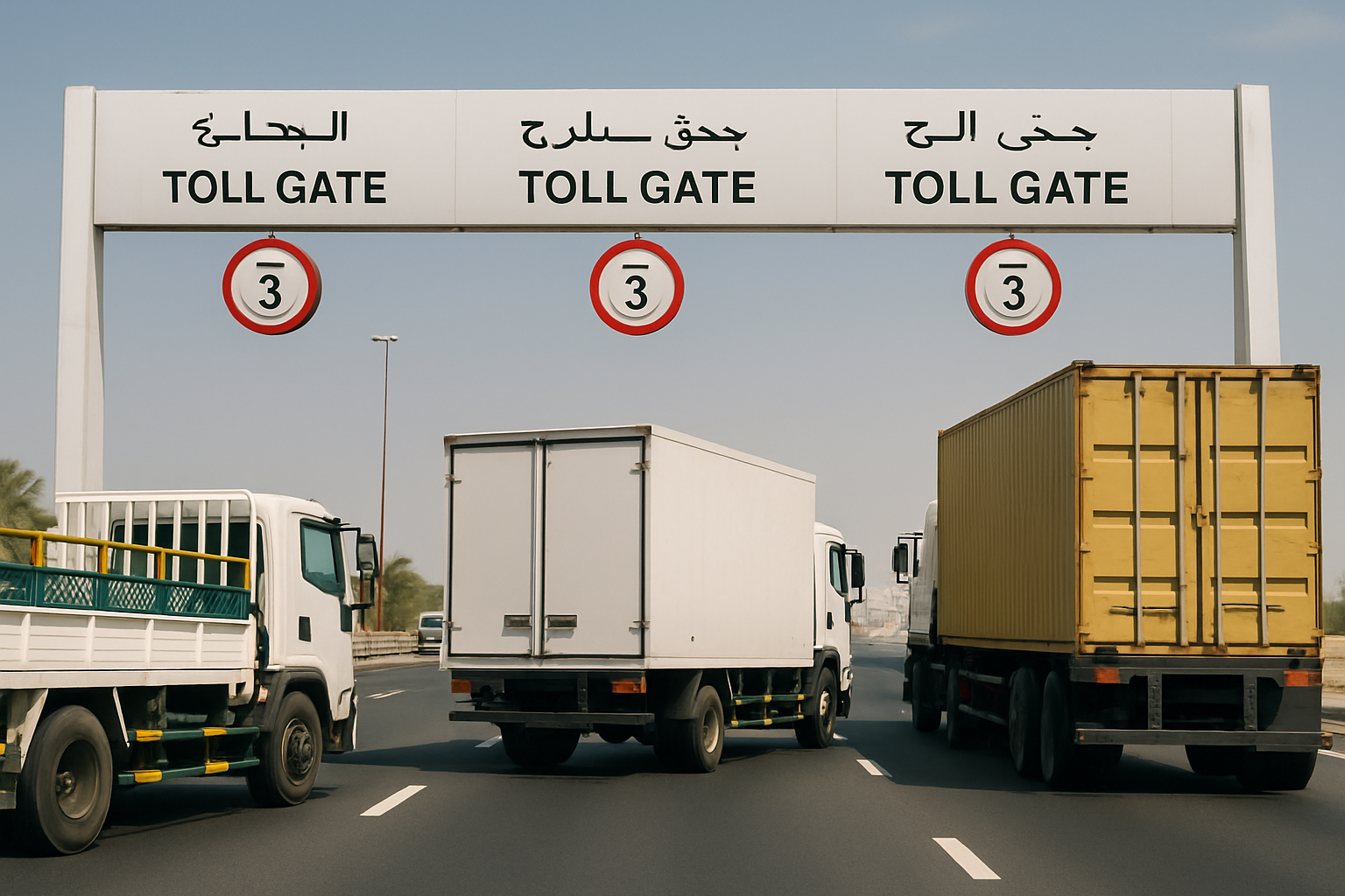 Commercial vehicles passing through a paid road in the UAE